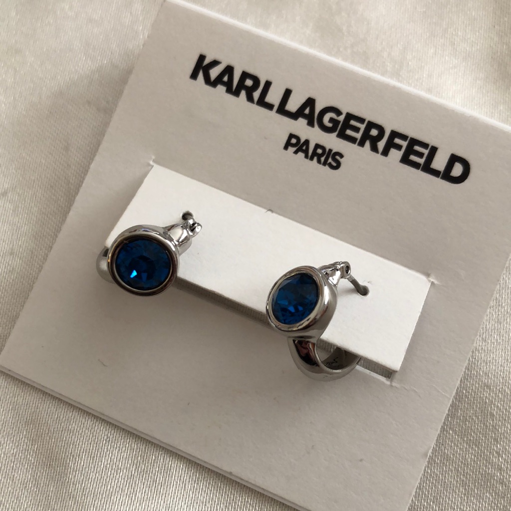 Karl Lagerfeld Paris Silver Tone Huggie Hoop With Blue Crystal Accent Nwt 22$